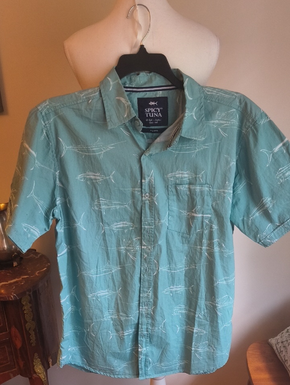 SpicyTuna Mens Size XL Button Up Green Shirt 100% Cotton Marlin Fish Pattern